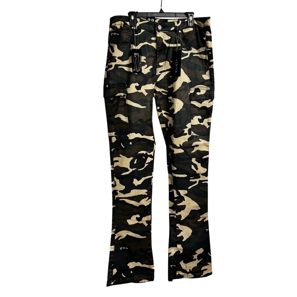 Waimea Jeans Mens 38x36 Green Camo Cargo Stacked Fit Slim Bootcut Stretch Denim